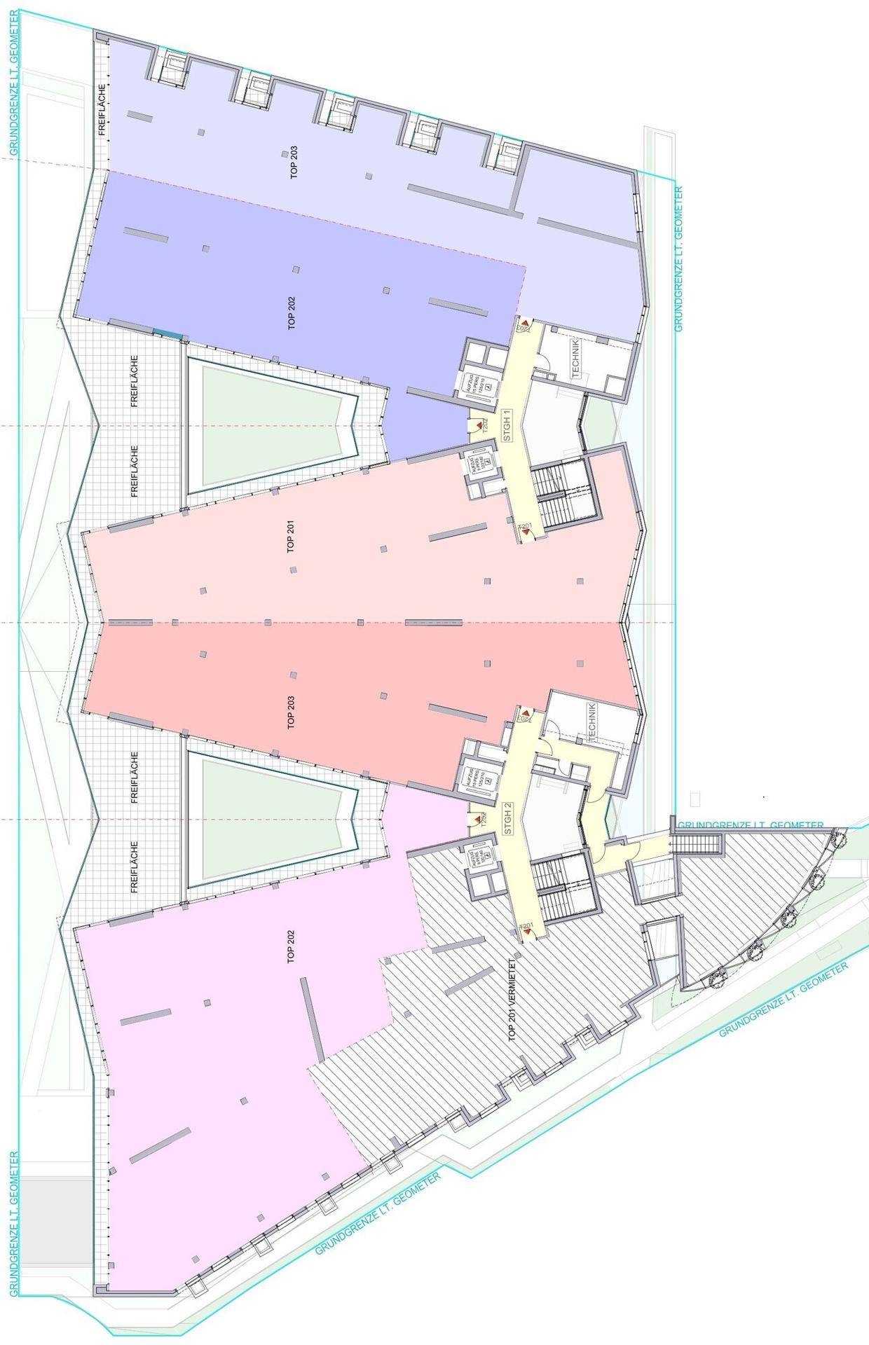 Grundrissplan einer Etage mit mehreren Wohneinheiten und zugehörigen Freiflächen wie Balkonen oder Terrassen.
