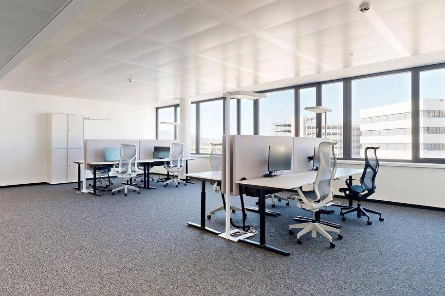 Heller Büroraum mit mehreren Arbeitsplätzen, ergonomischen Stühlen und großen Fenstern mit Stadtblick.