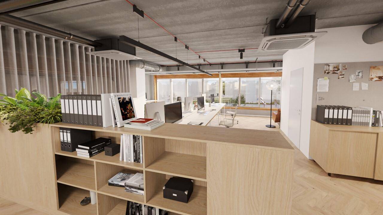 Büro mit offenen Regalen, Aktenordnern und Blick auf weitere Arbeitsbereiche durch große Fenster, unter einer Betondecke.