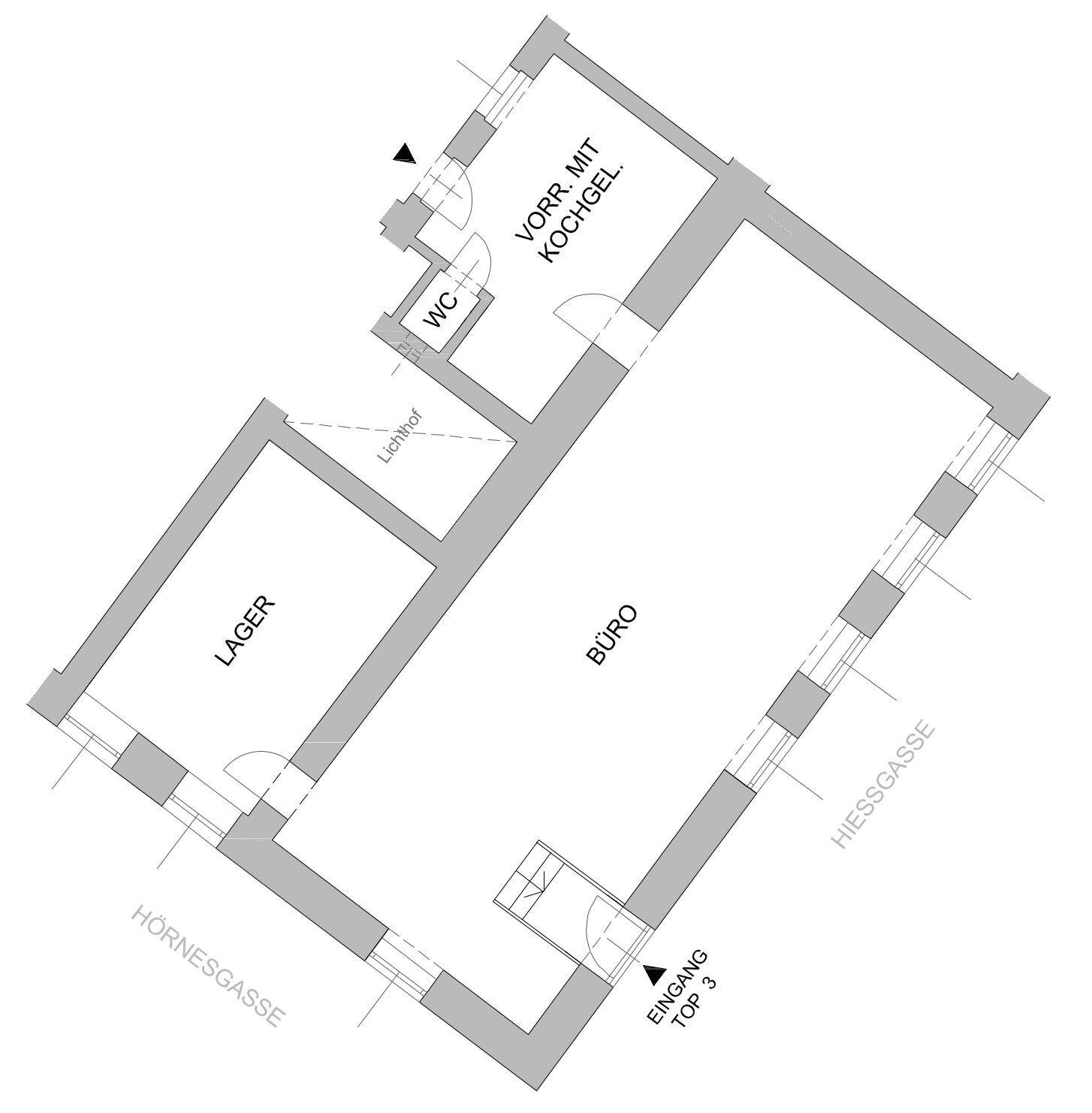Grundriss zeigt ein Büro, Lager, WC und eine Vorratskammer mit Kochgelegenheit.