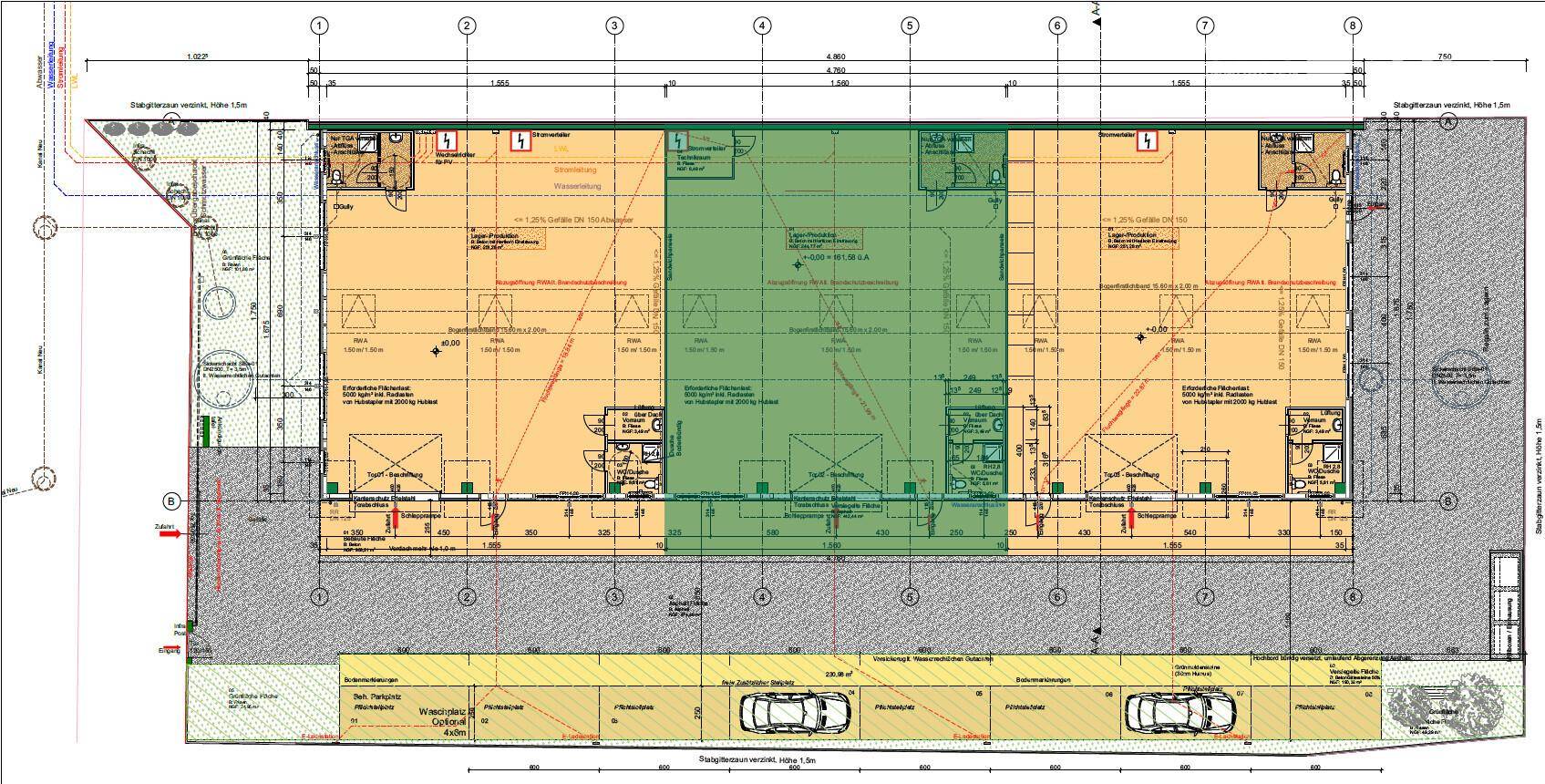 Detaillierter Grundriss eines Gewerbegebäudes mit Innenaufteilung und angrenzenden Parkplätzen.