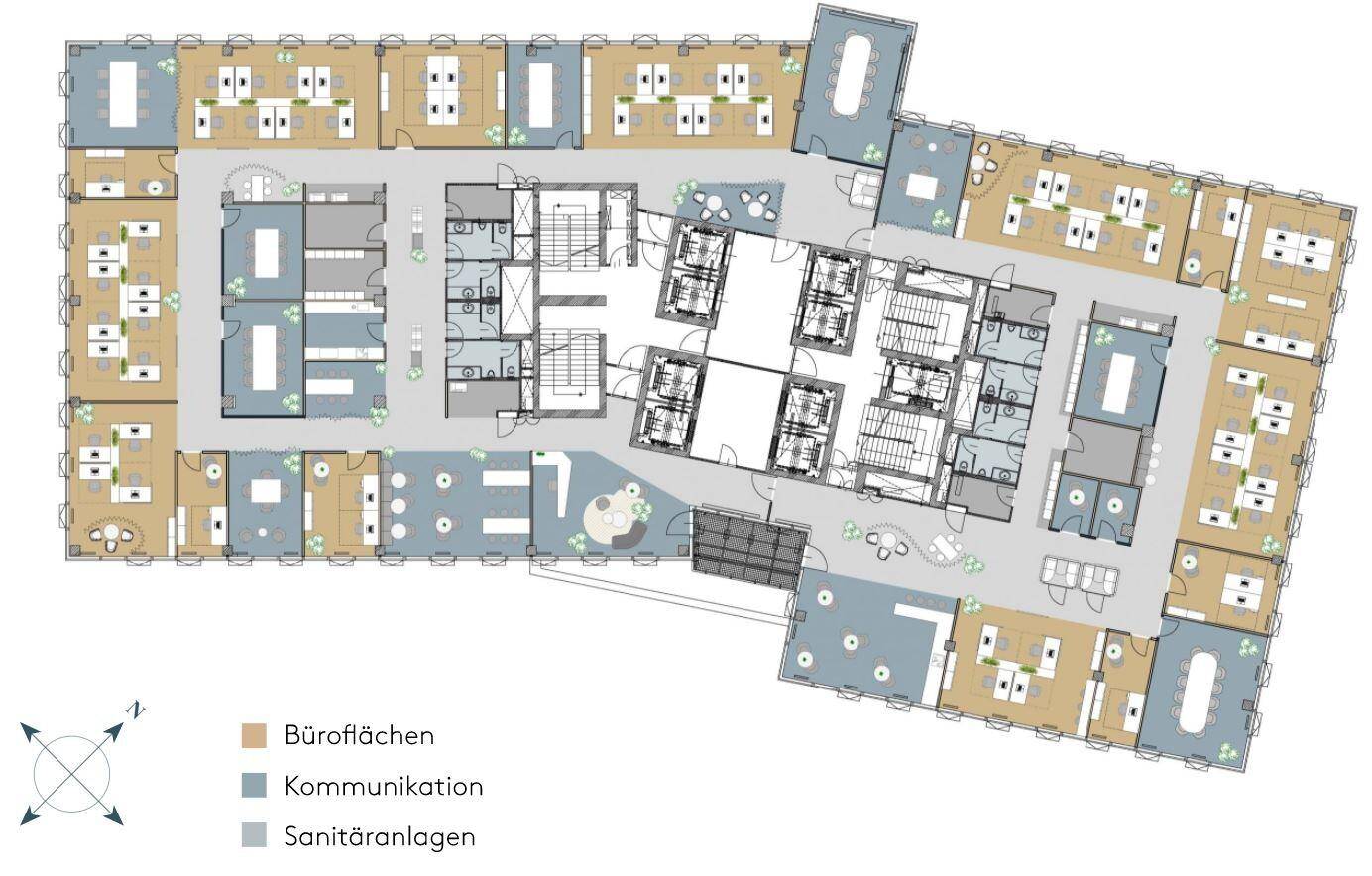 Farbiger Grundriss eines Bürogebäudes mit verschiedenen Zonen für Büros, Kommunikation und Sanitärbereiche.