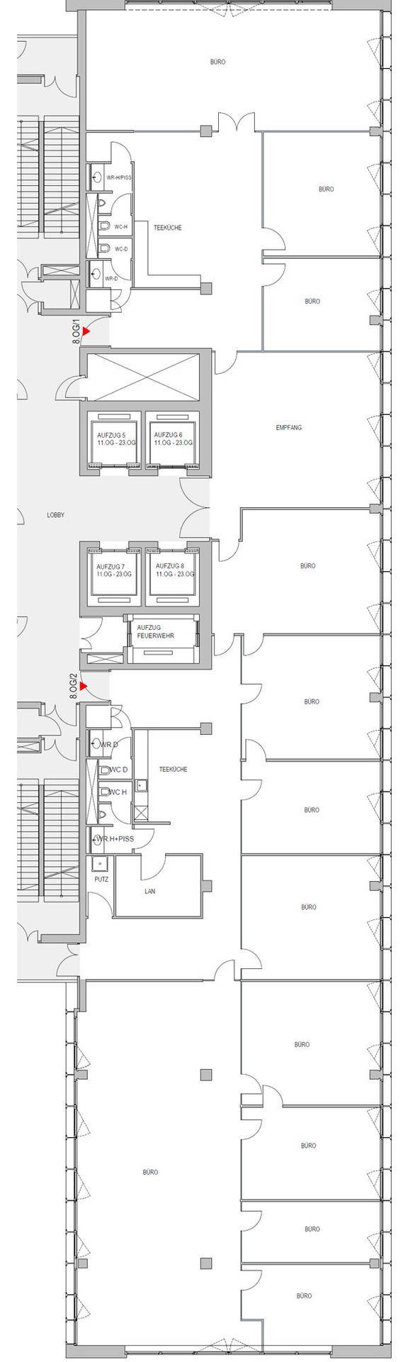 Detaillierter Grundriss einer Büroetage mit mehreren Einheiten, Treppenhäusern und Sanitäranlagen.