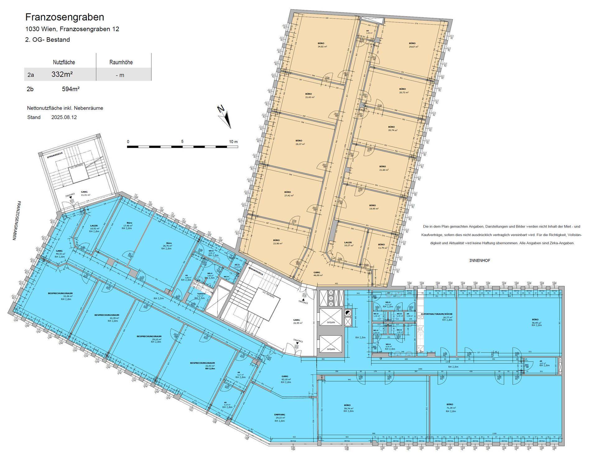 Detaillierter Grundriss des zweiten Obergeschosses mit mehreren Büroeinheiten und Innenhofblick.