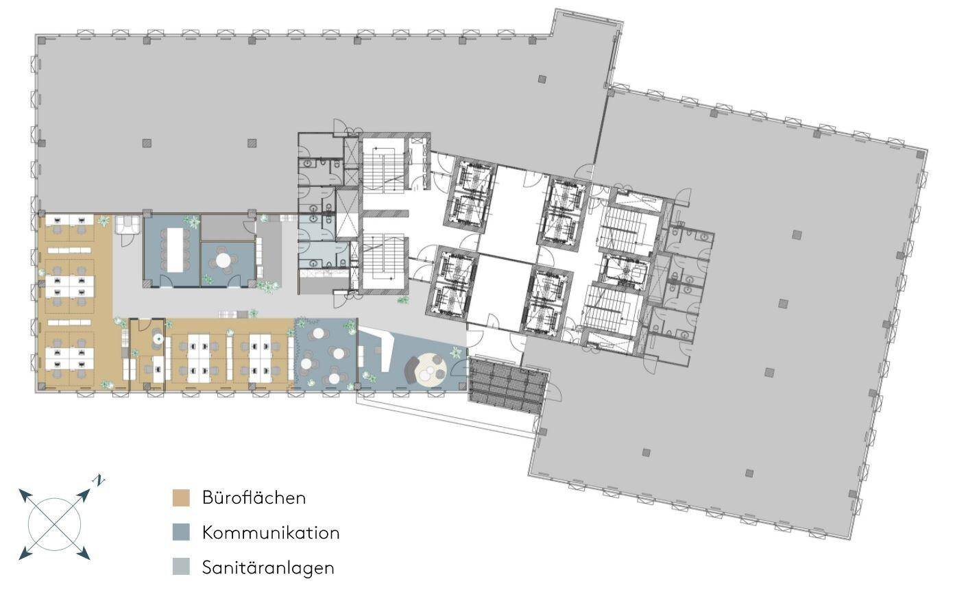 Detaillierter Grundriss mit farblich gekennzeichneten Büroflächen, Kommunikationsbereichen und Sanitäranlagen.
