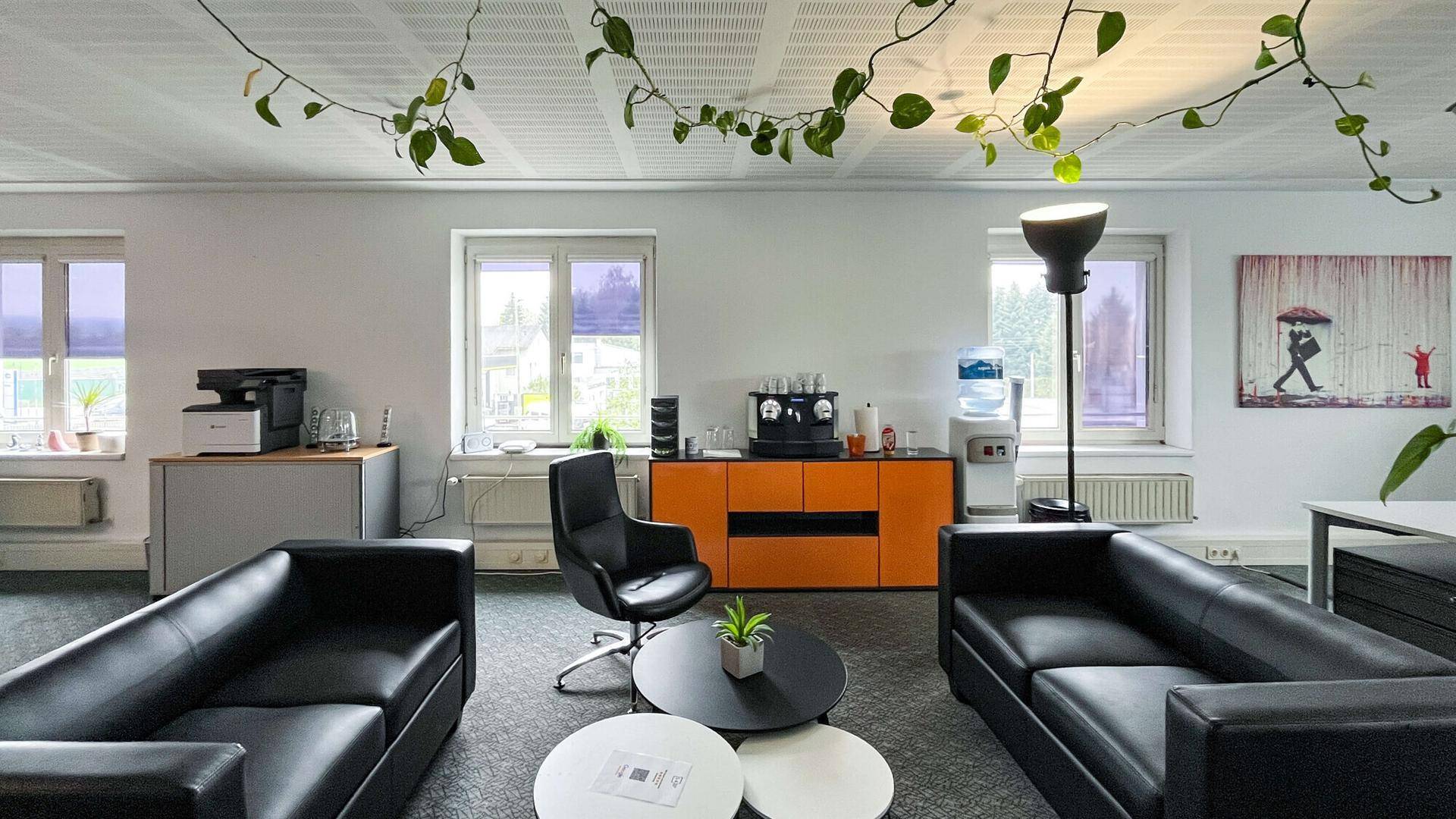 Gemütlicher Büroloungebereich mit schwarzen Ledersofas, Couchtischen und Pflanzenranken an der Decke.