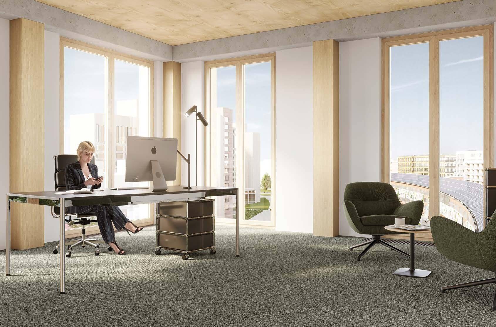 Helles Einzelbüro mit großen Fenstern, Teppichboden und modernem Schreibtisch mit Bürostuhl.