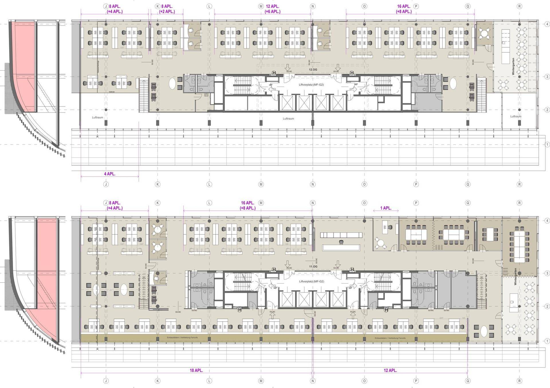 Zwei detaillierte Büro-Grundrisse mit verschiedenen Arbeitsplatzanordnungen und Gemeinschaftsbereichen.