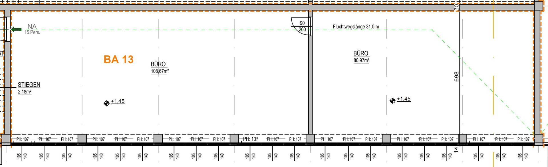 Grundrissplan zeigt zwei separate Büroräume mit Treppenhaus und Fluchtwegangaben.
