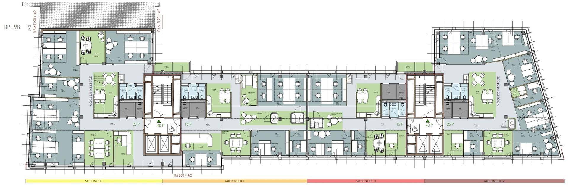 Detaillierter Grundriss eines Bürogebäudes mit verschiedenen Arbeitsbereichen, Konferenzräumen und barrierefreien Toiletten.