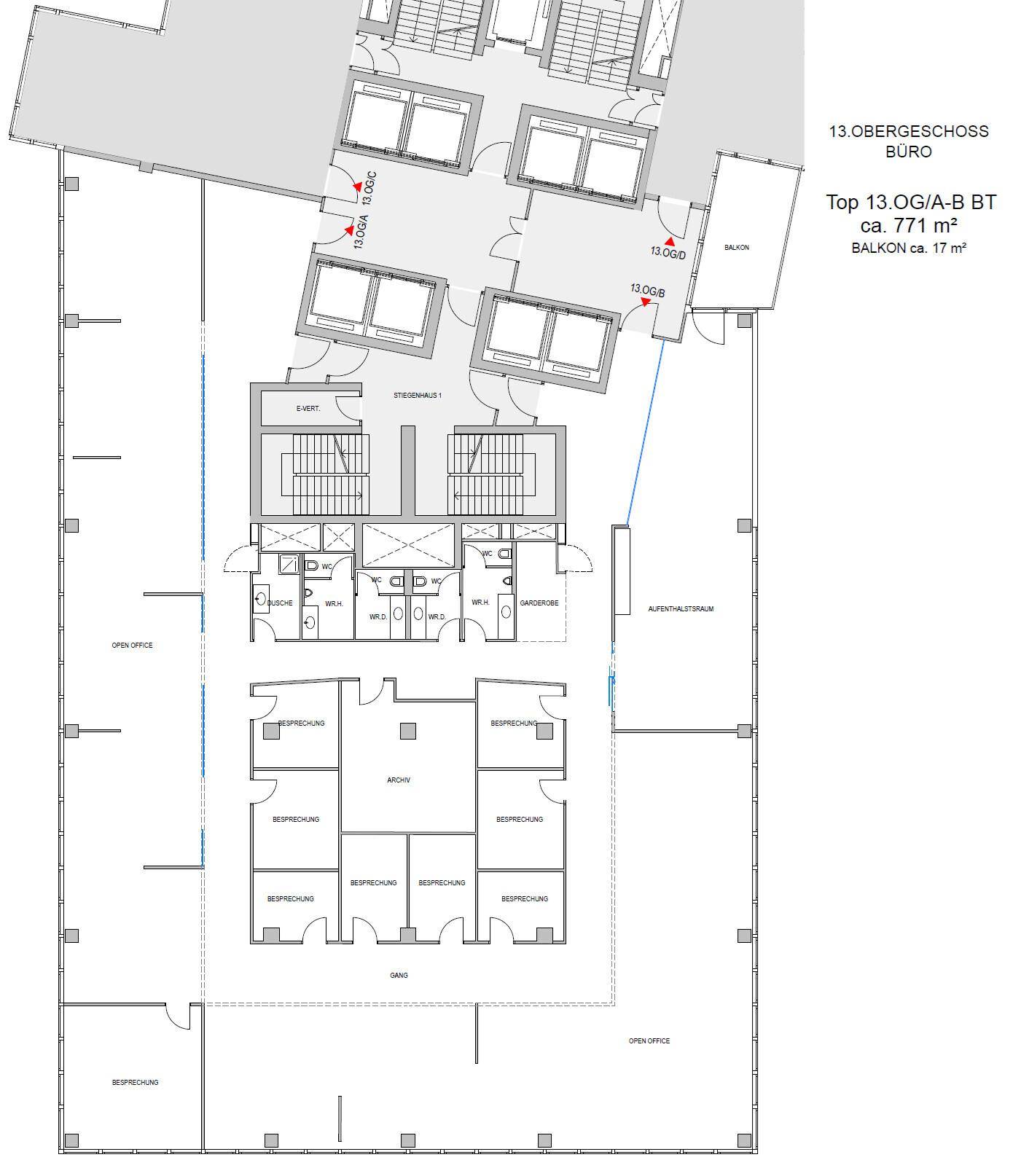 Detaillierter Grundriss des 13. Obergeschosses mit Büros, Besprechungsräumen und Sanitäranlagen.
