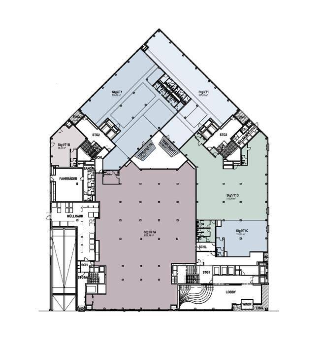 Grundriss des Erdgeschosses mit Lobby, Fahrradraum, Müllraum und verschiedenen Mietbereichen.