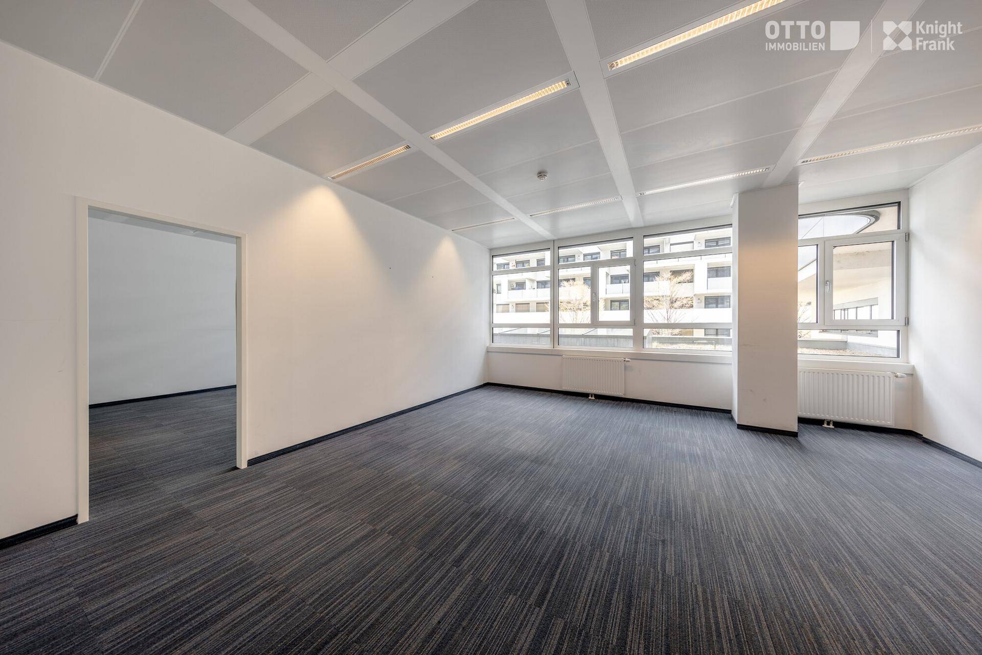 Helles, leeres Büro mit Teppichboden und großen Fenstern, das einen offenen Zugang zu einem weiteren Raum bietet.