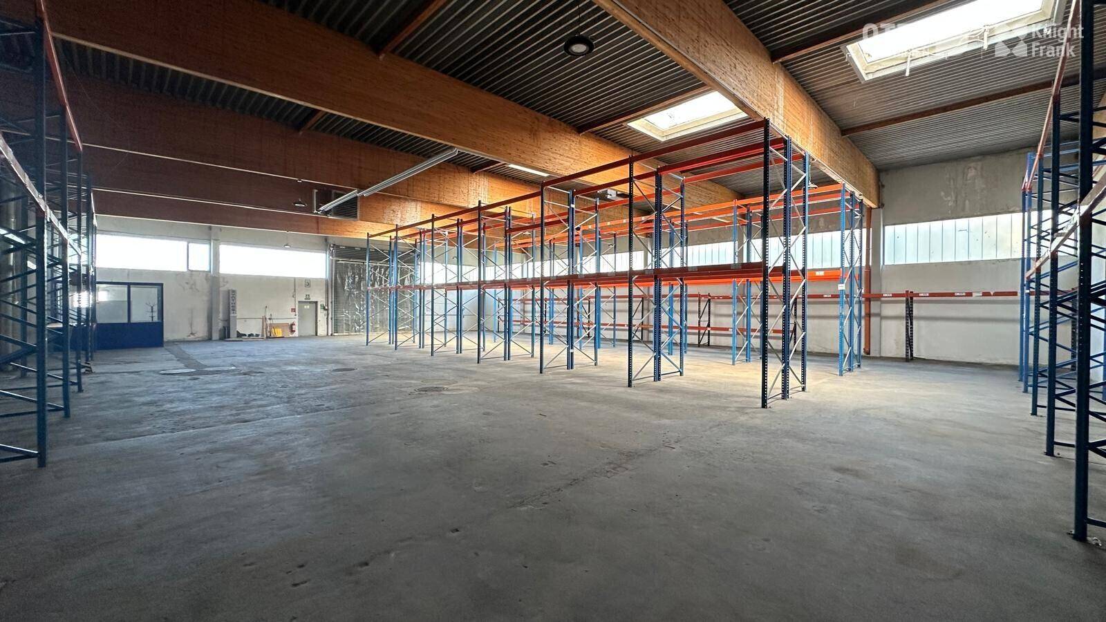 Weitläufige Lagerhalle mit Betonboden, hohen Decken und natürlichem Lichteinfall durch Fenster und Oberlichter.
