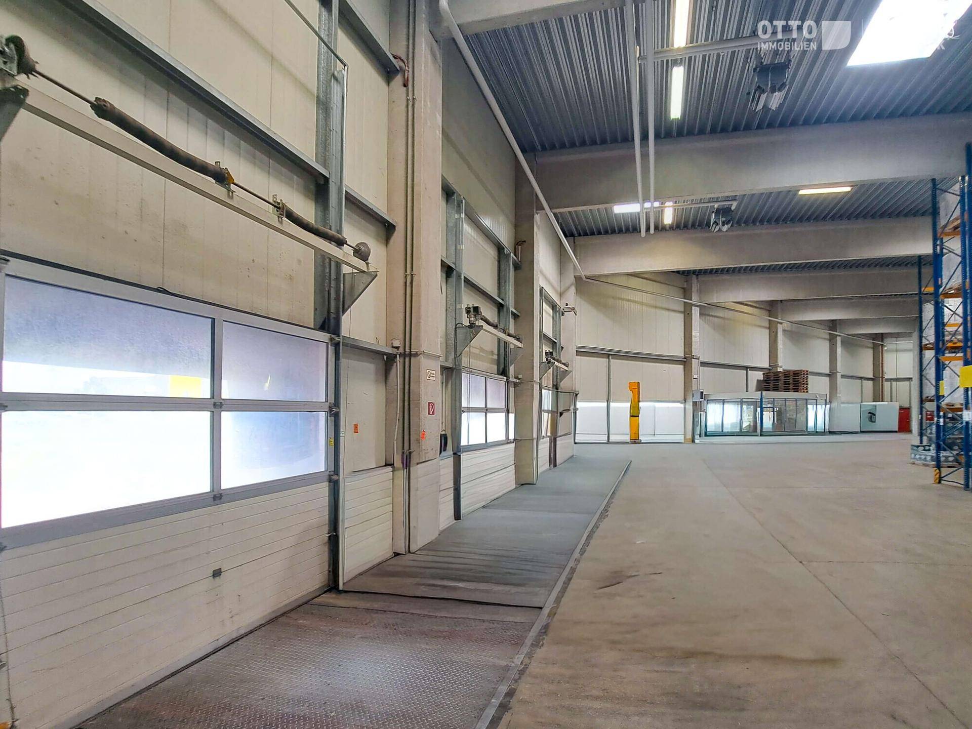 Geräumige Lagerhalle mit hohen Decken, mehreren Rolltoren und einer internen Laderampe für den Warenverkehr.