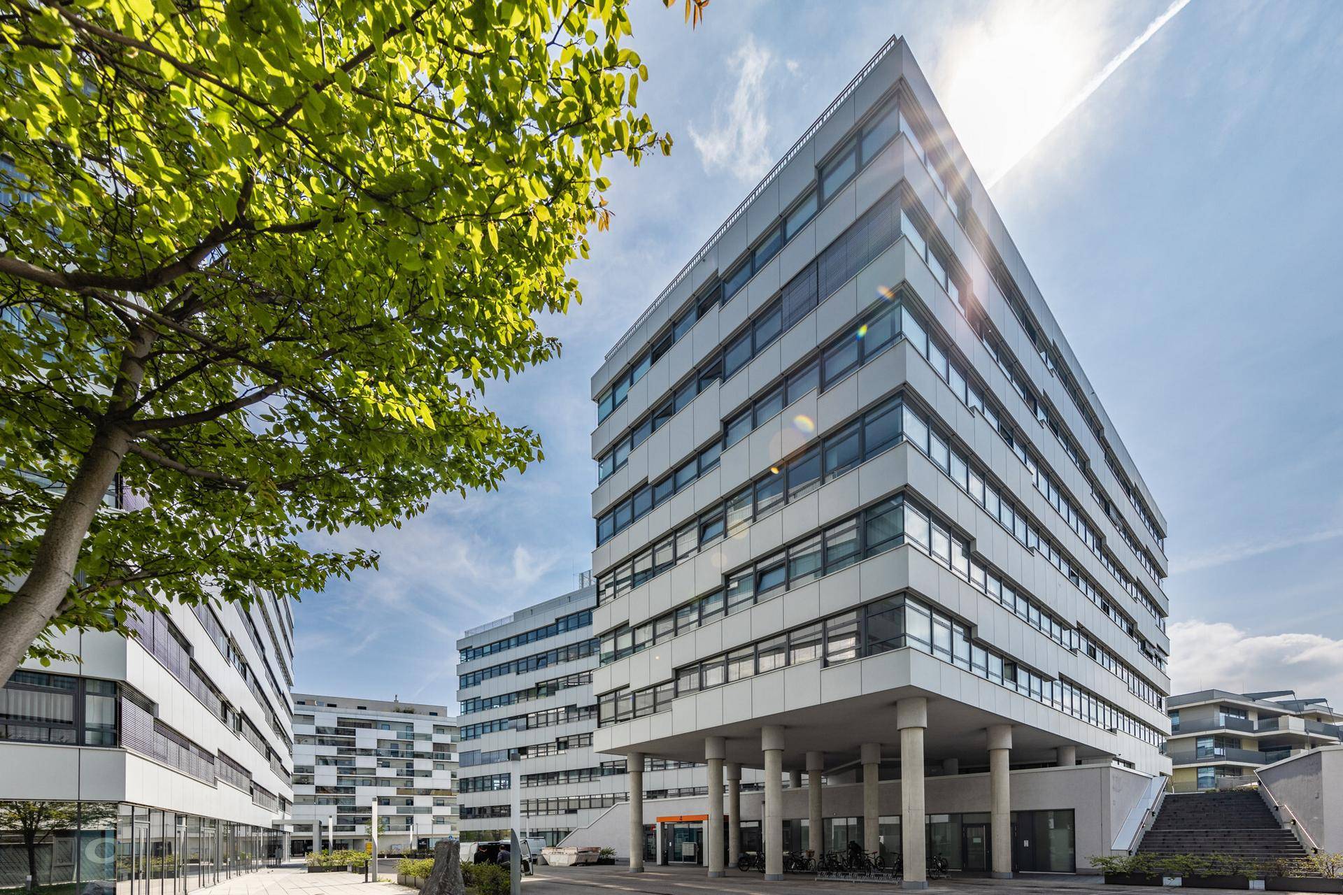 Architektonisch ansprechendes Bürogebäude mit Säulen im Erdgeschoss und großen Fensterfronten unter blauem Himmel.