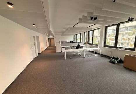 Großes, offenes Büro mit Teppichboden, vielen Fenstern und modernen Schreibtischen, bereit zur Nutzung.