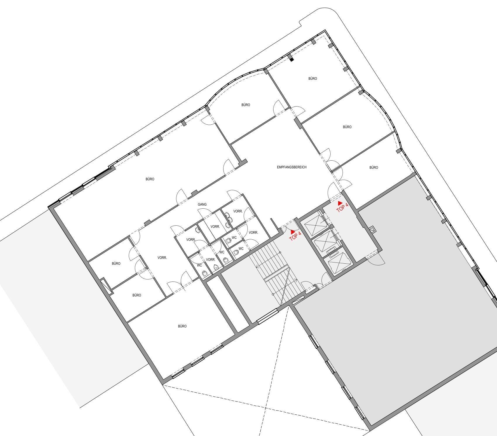 Grundriss einer Büroetage mit mehreren Büroräumen, Empfangsbereich und Sanitäranlagen.