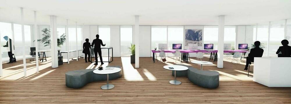Helles, offenes Büro mit Holzboden, großen Fenstern und modernen Arbeitsplätzen in einem Neubau.