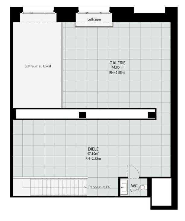 Grundriss der Galerieebene mit offenem Luftraum zum Lokal und einem weiteren WC, verbunden durch eine Treppe zum Erdgeschoss.