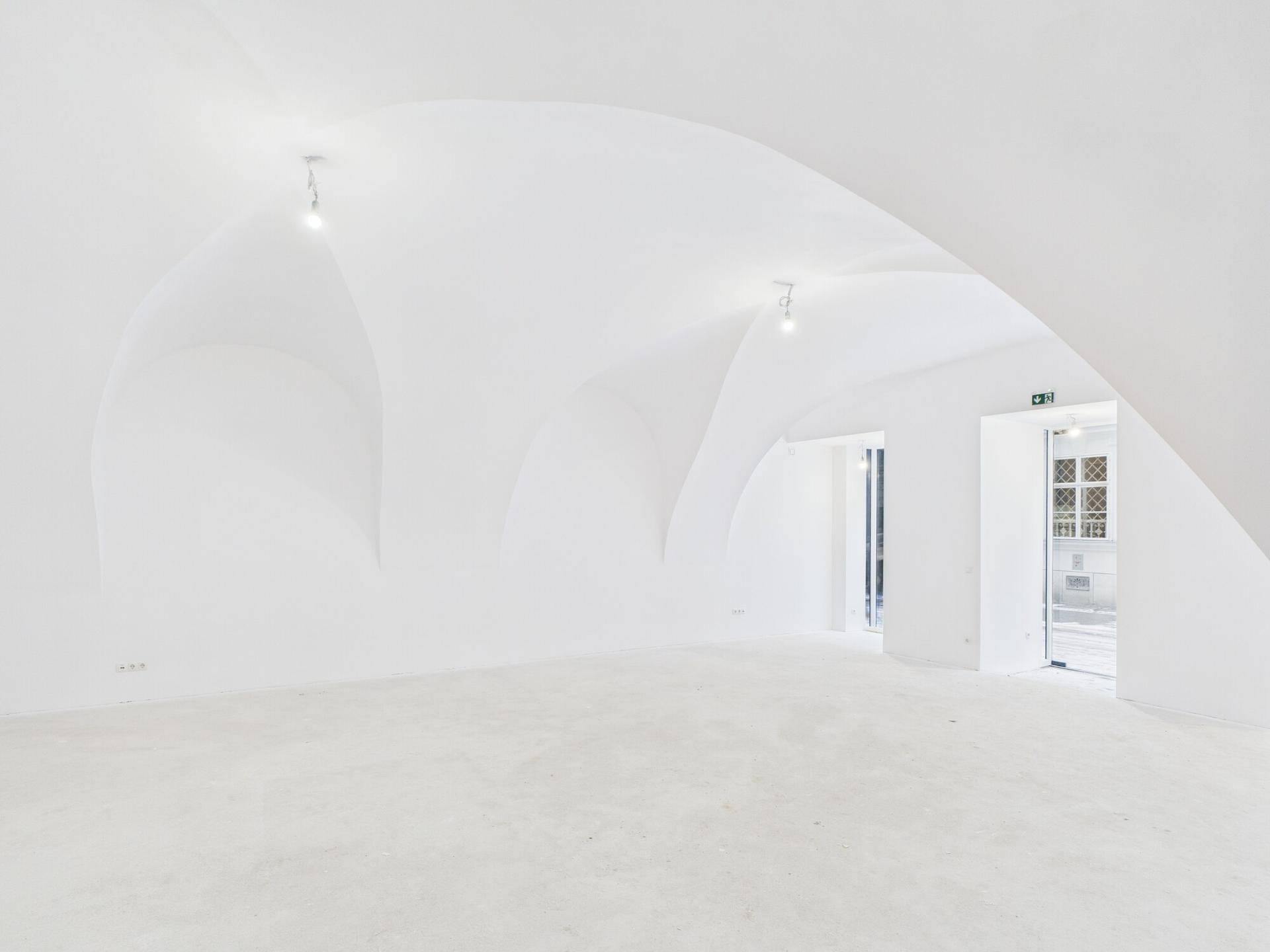 Weitläufiger, heller Raum mit beeindruckenden Gewölbedecken und großen Fensterfronten, ideal für Handel.
