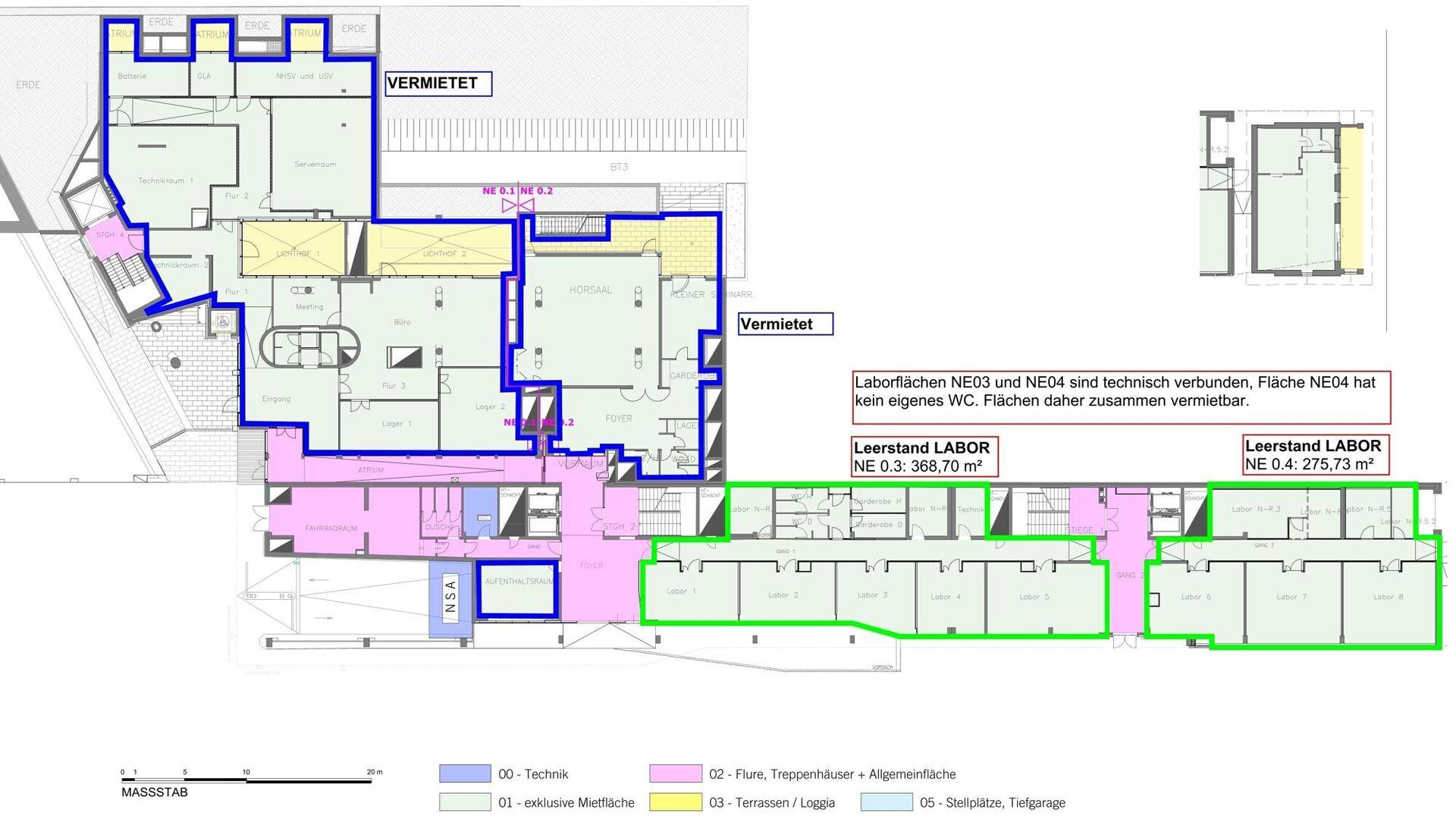 Detaillierter Grundrissplan mit verschiedenen Mietbereichen und technischen Zonen, inklusive Terrassen und Loggien.