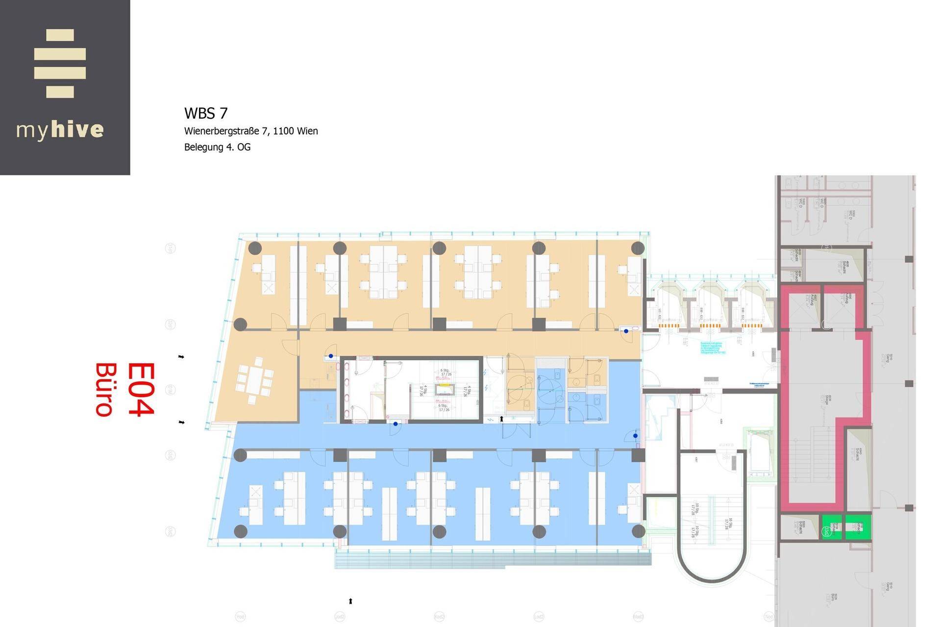 Grundriss eines Bürogebäudes mit mehreren Arbeitsbereichen und einem offenen Layout auf einer Etage.