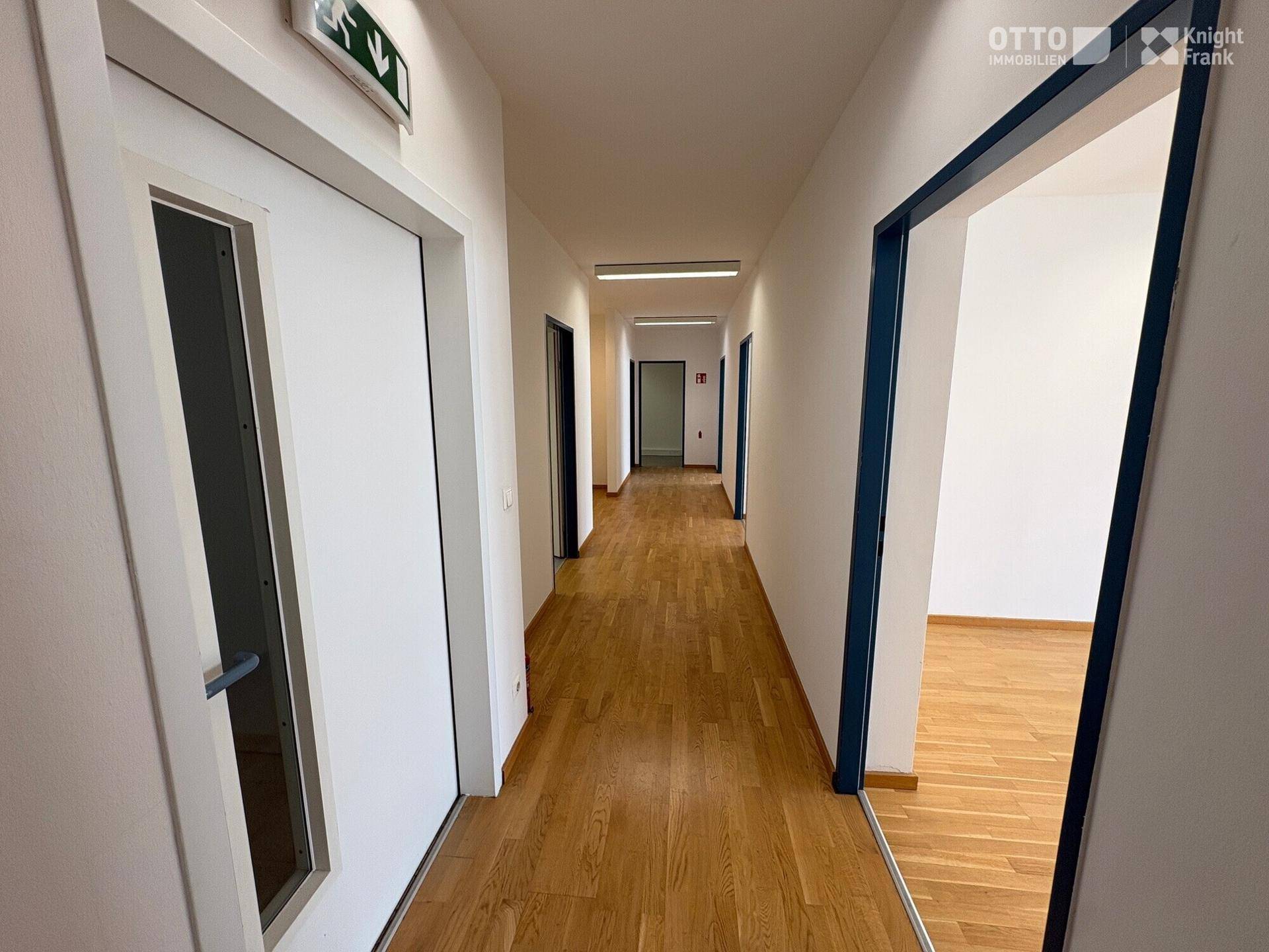 Geräumiger Flur mit Holzfußboden und vielen Türen, der zu verschiedenen Räumen führt.