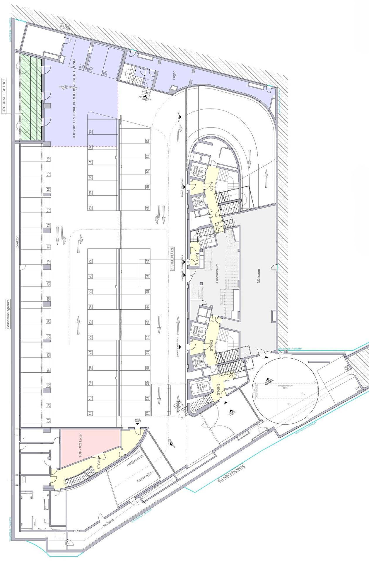 Grundriss einer Tiefgarage mit zahlreichen Stellplätzen und Zufahrtsrampen.