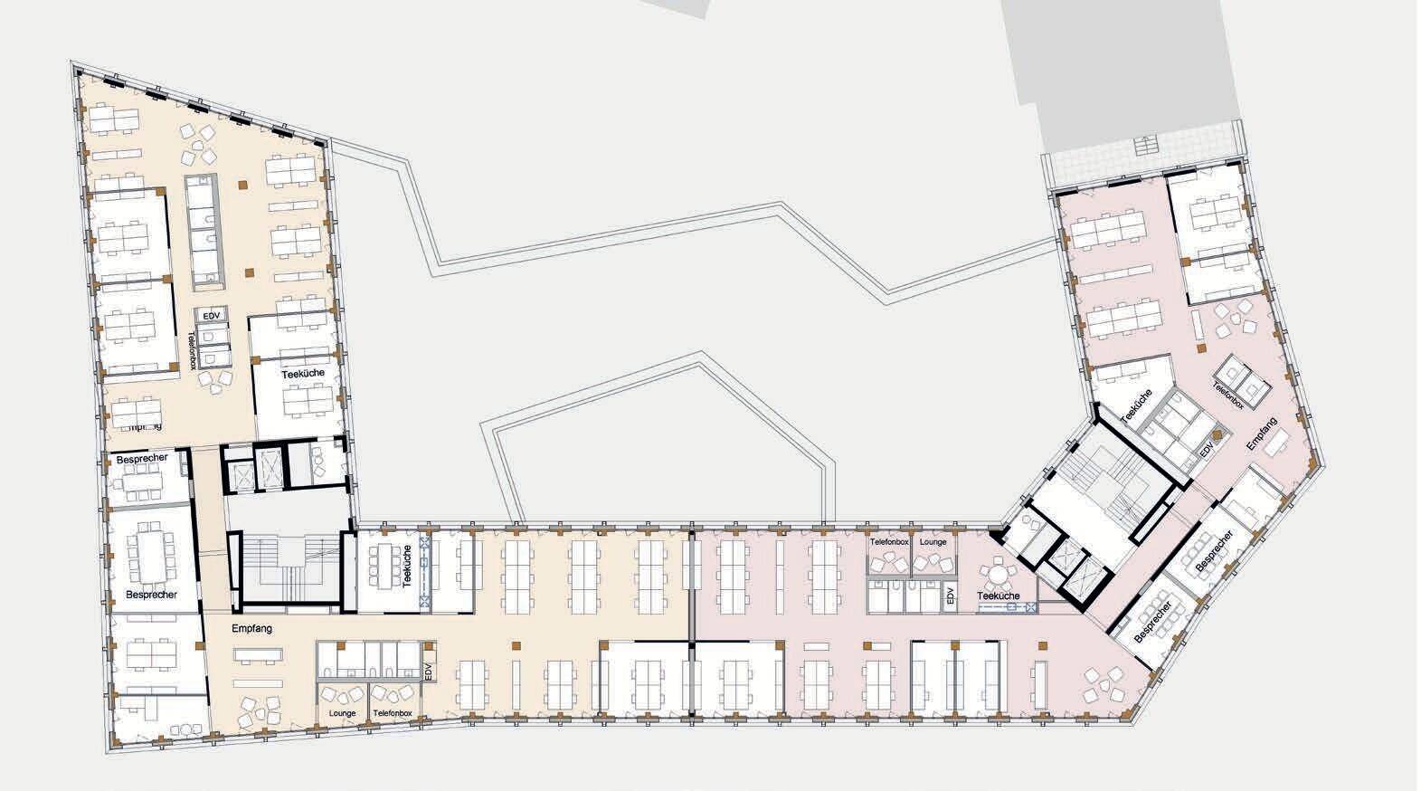 Ein Büro-Grundriss mit offenen Arbeitsbereichen, Teeküchen und Lounge-Zonen für Mitarbeiter und Besucher.