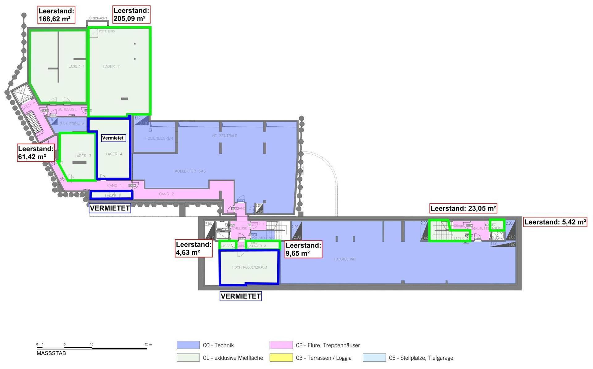 Grundriss einer Etage mit gemischten Mietflächen, Technikbereichen und Treppenhäusern, die sowohl vermietete als auch freie Einheiten darstellt.