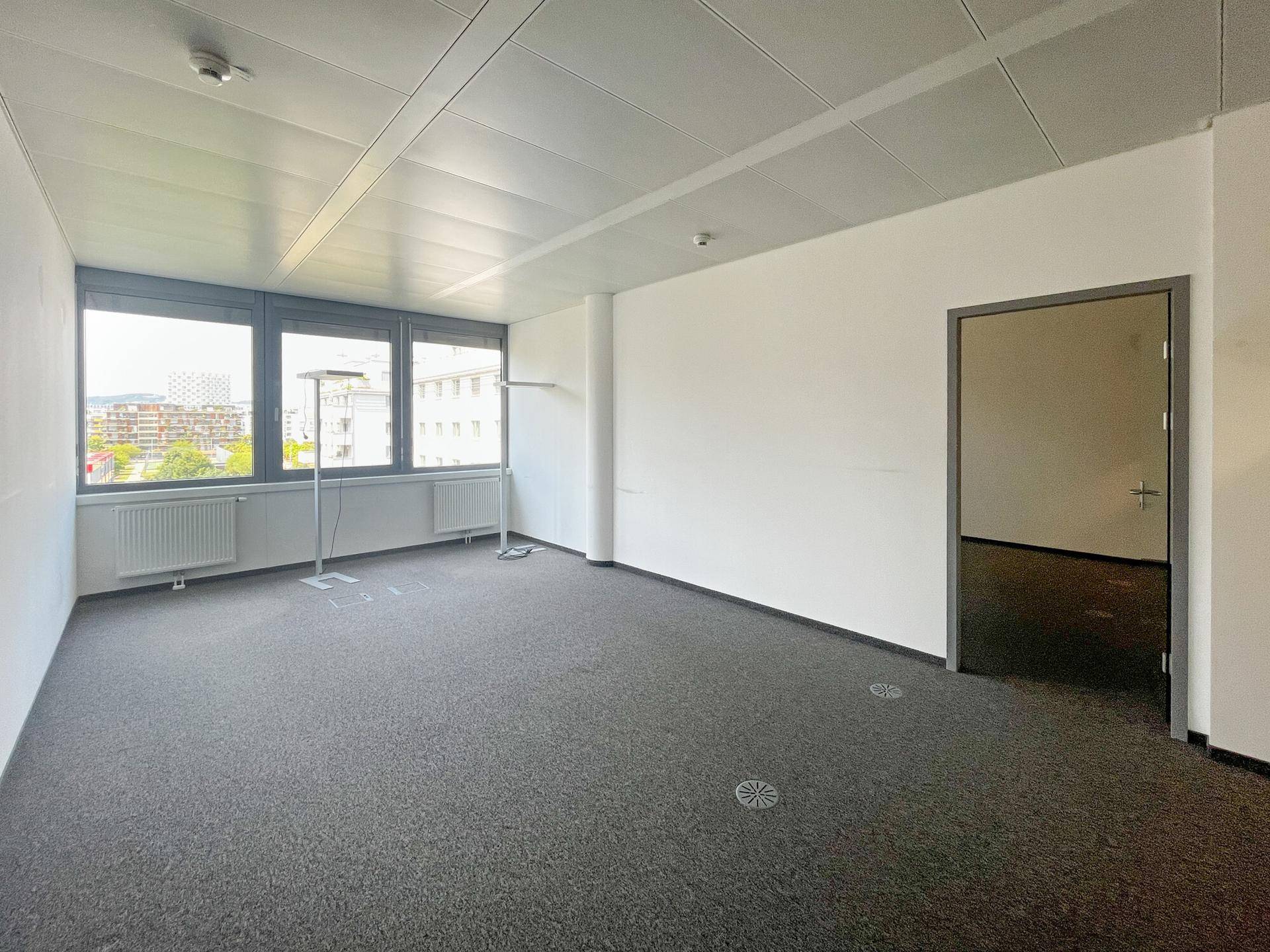 Leeres Büro mit Teppichboden, großen Fenstern und einer Tür, bereit zur individuellen Gestaltung.