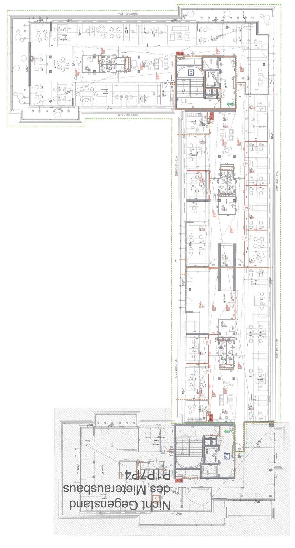 Grundriss einer Büroetage mit Hinweisen zu Mieterausbau und Flächennutzung.