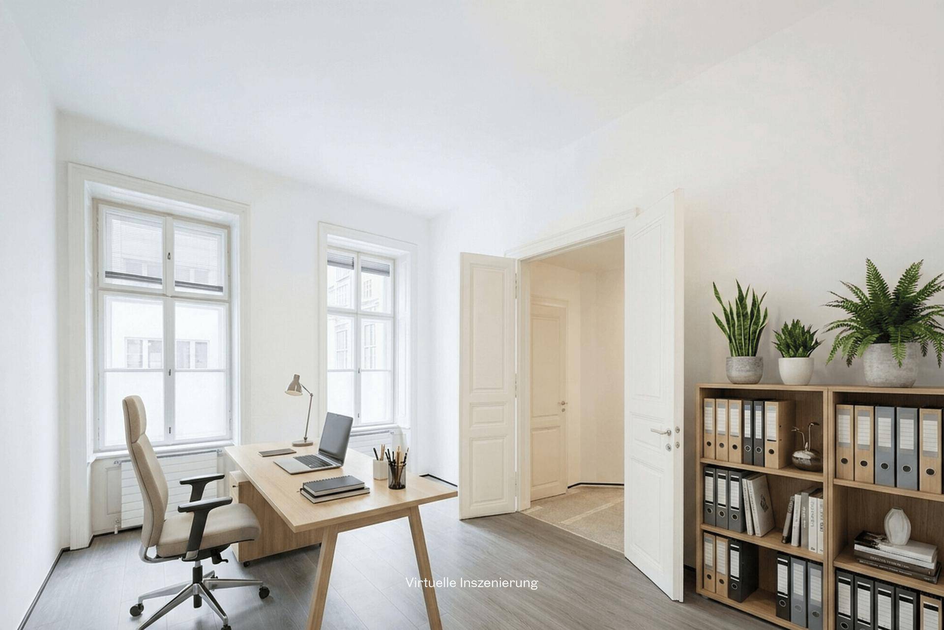 Virtuell inszeniertes Einzelbüro mit Schreibtisch, Bürostuhl und Regalen, hell und funktional eingerichtet.