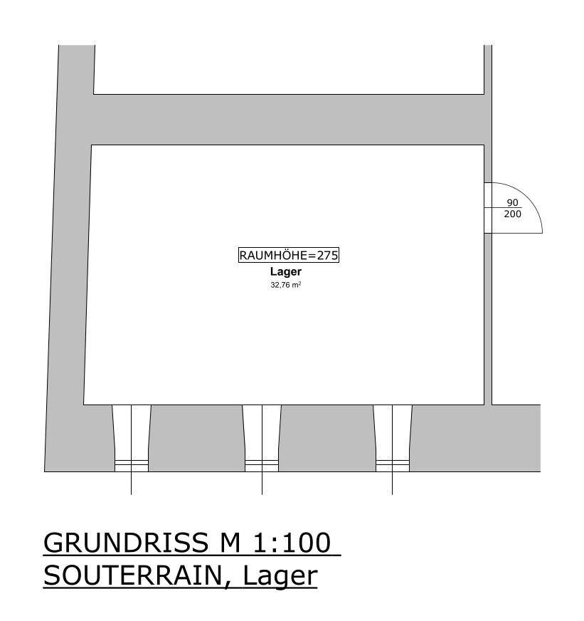 Grundriss eines Lagerraums im Souterrain mit angegebenen Maßen und Zugang, ideal für zusätzliche Abstellfläche.