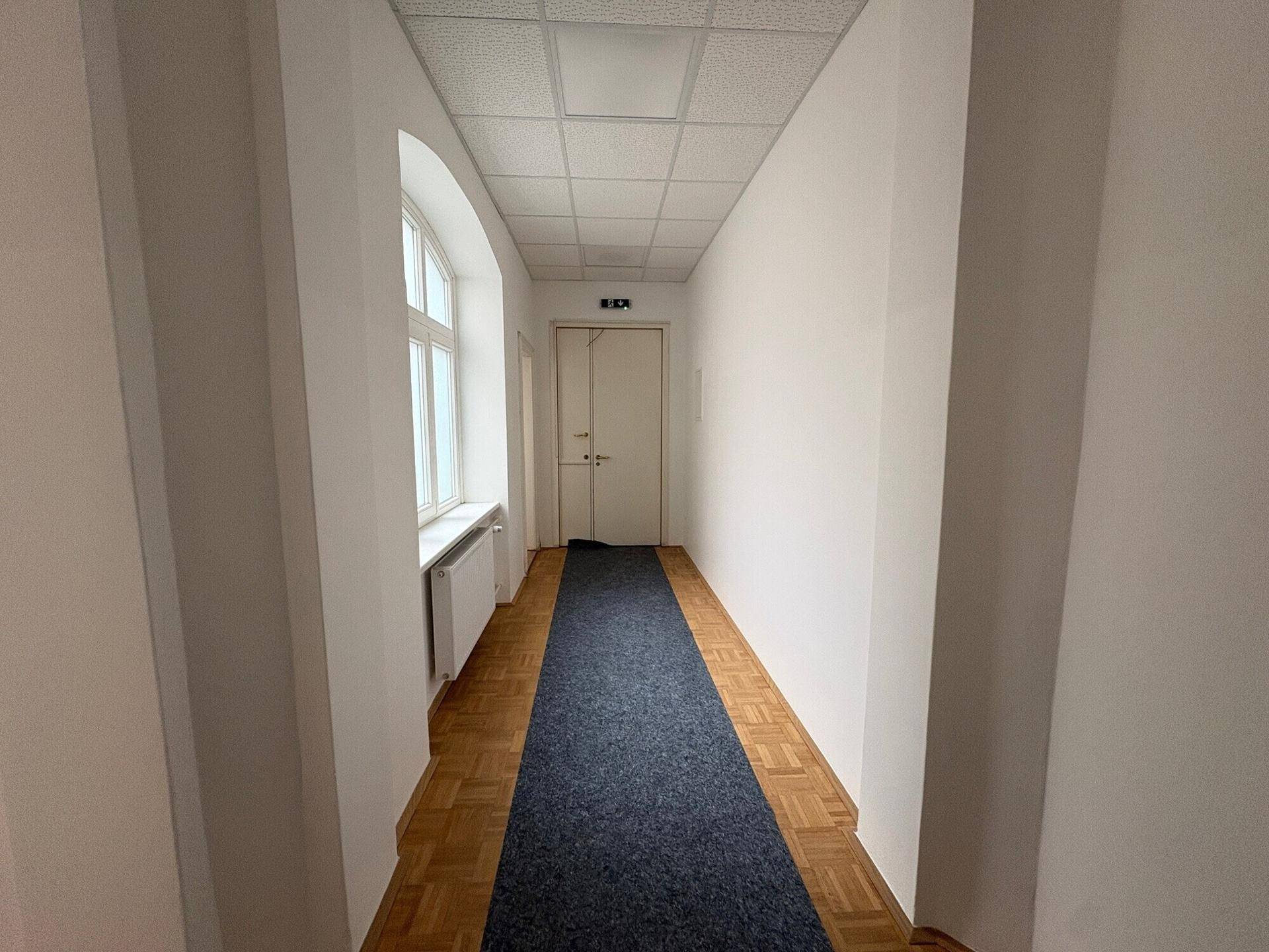 Langer Flur mit Parkettboden, blauem Teppichläufer und einem Fenster am Ende, mit abgehängter Decke.