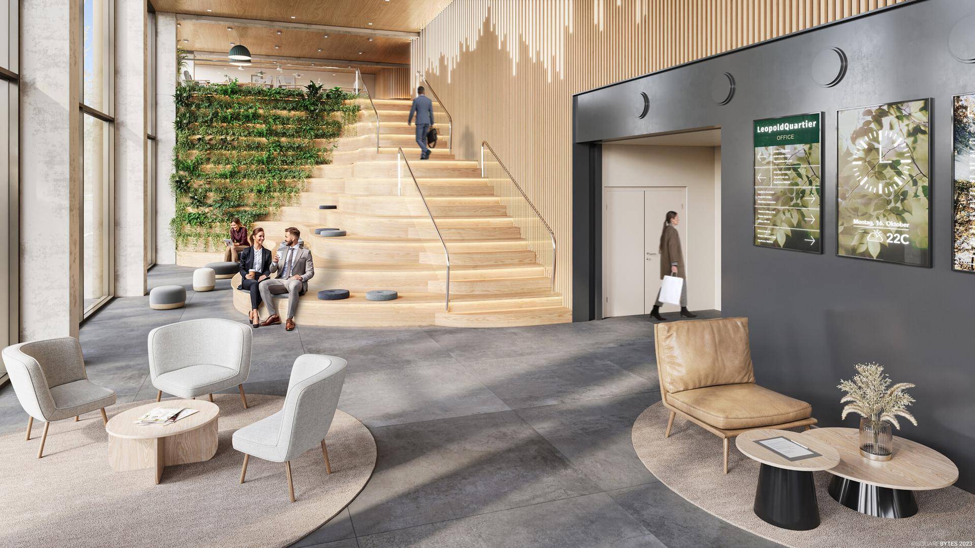 Helle und moderne Lobby mit großer Holztreppe, vertikalem Garten und Sitzbereichen.