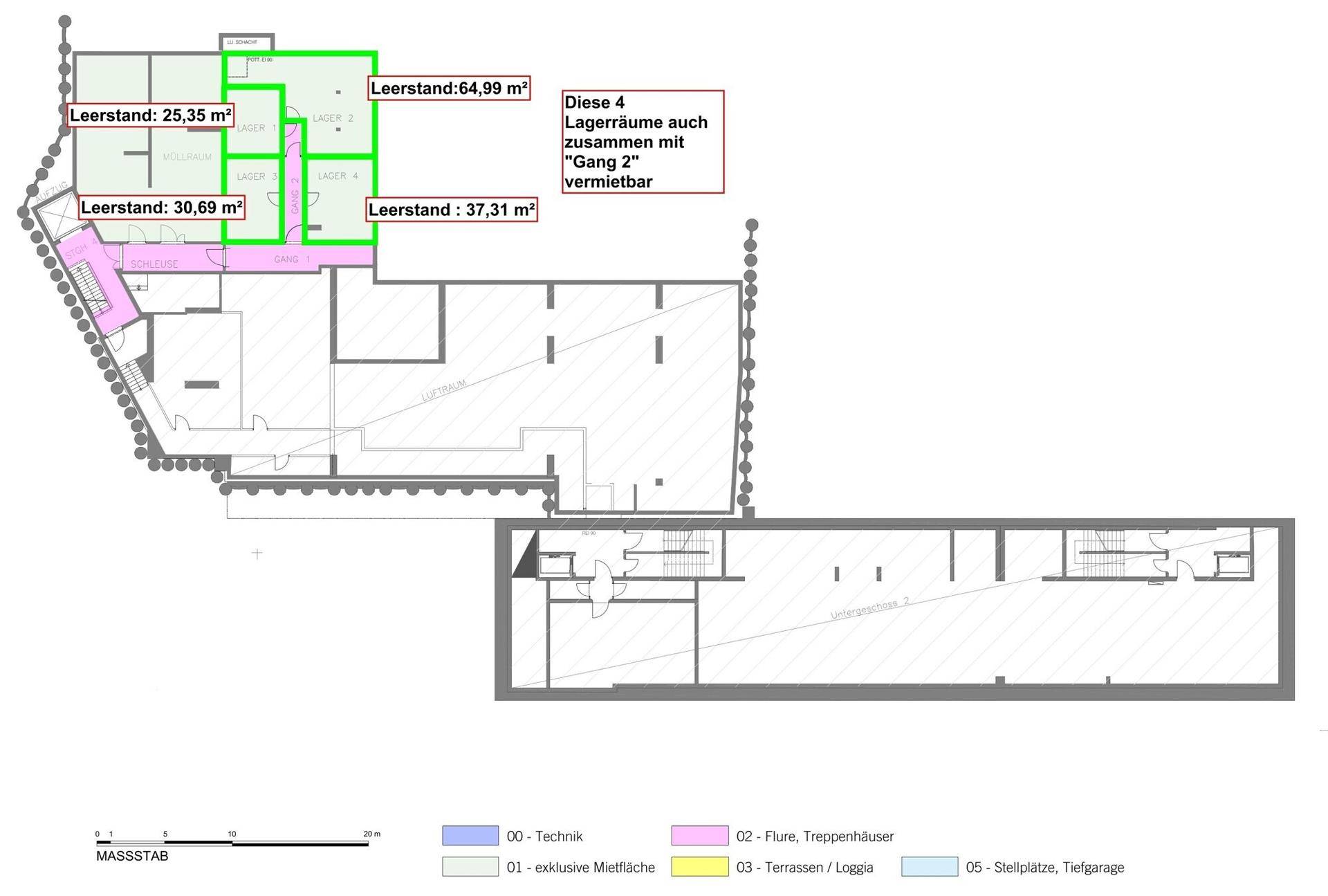 Grundrissplan einer Etage mit Lagerflächen, Technikräumen und Treppenhäusern, die verschiedene leerstehende Einheiten aufzeigt.