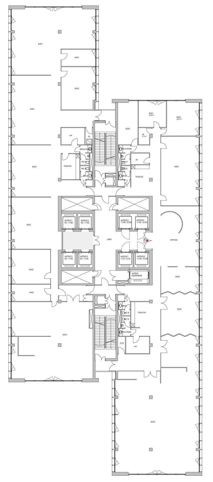 Detaillierter Grundriss einer Büroetage mit mehreren Einheiten, Fluren, Treppenhäusern und Sanitäranlagen.