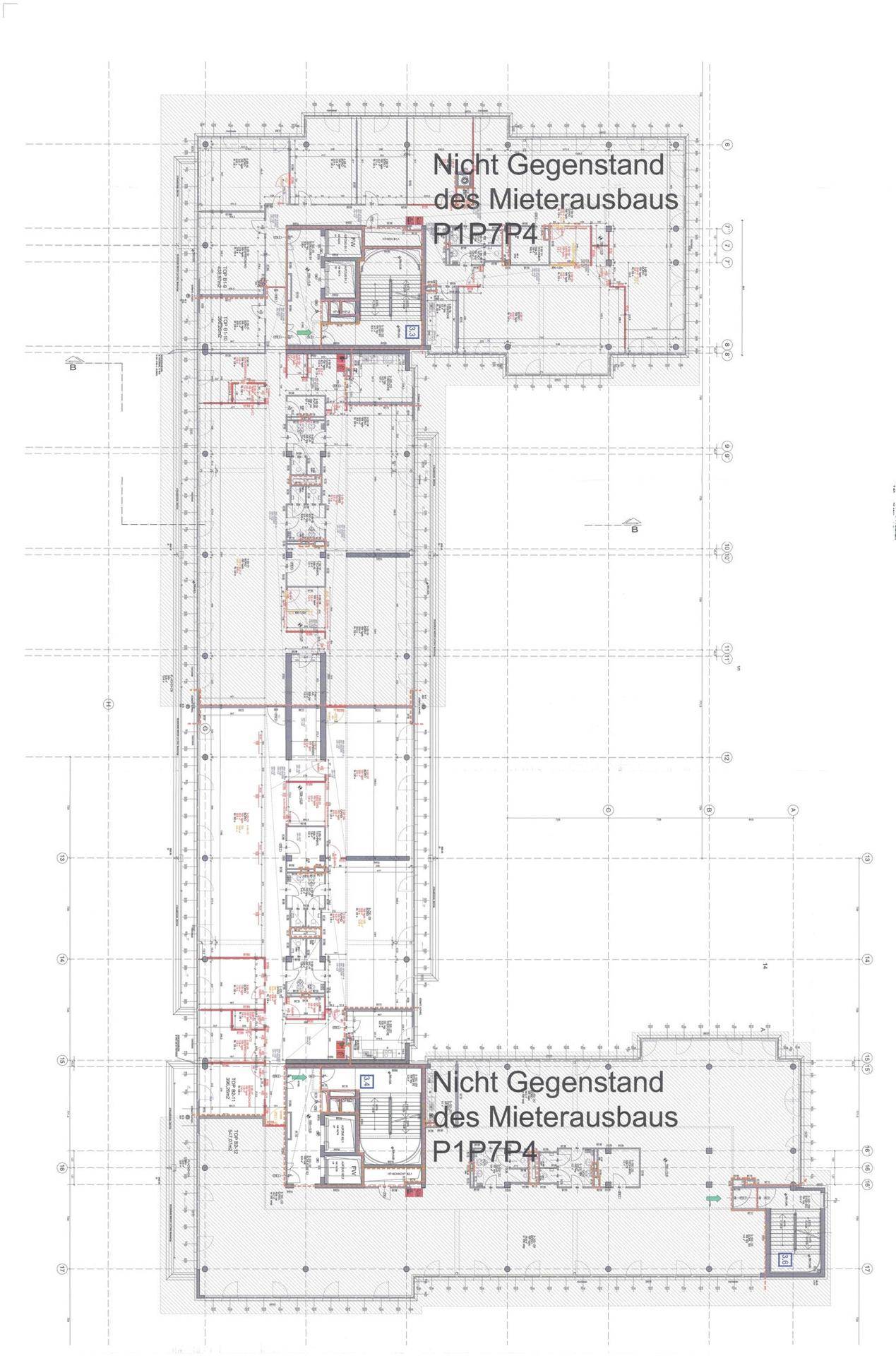 Grundrissplan eines Gebäudeteils mit markierten Bereichen, die nicht zum Mieterausbau gehören.