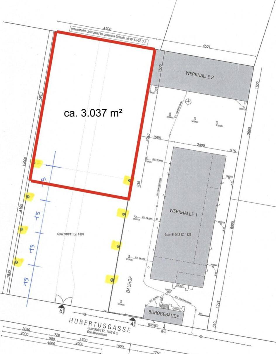 Katasterplan zeigt ein Grundstück von ca. 3.037 m² mit bestehenden Werkshallen, einem Bürogebäude und Zufahrt.