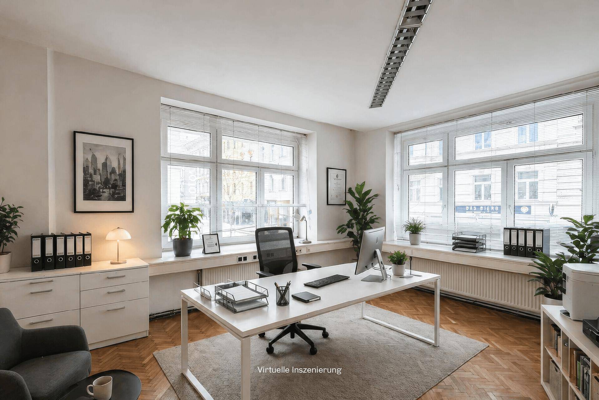 Virtuell inszeniertes Büro mit modernem Schreibtisch, Bürostuhl und Pflanzen, das eine angenehme Arbeitsatmosphäre schafft.