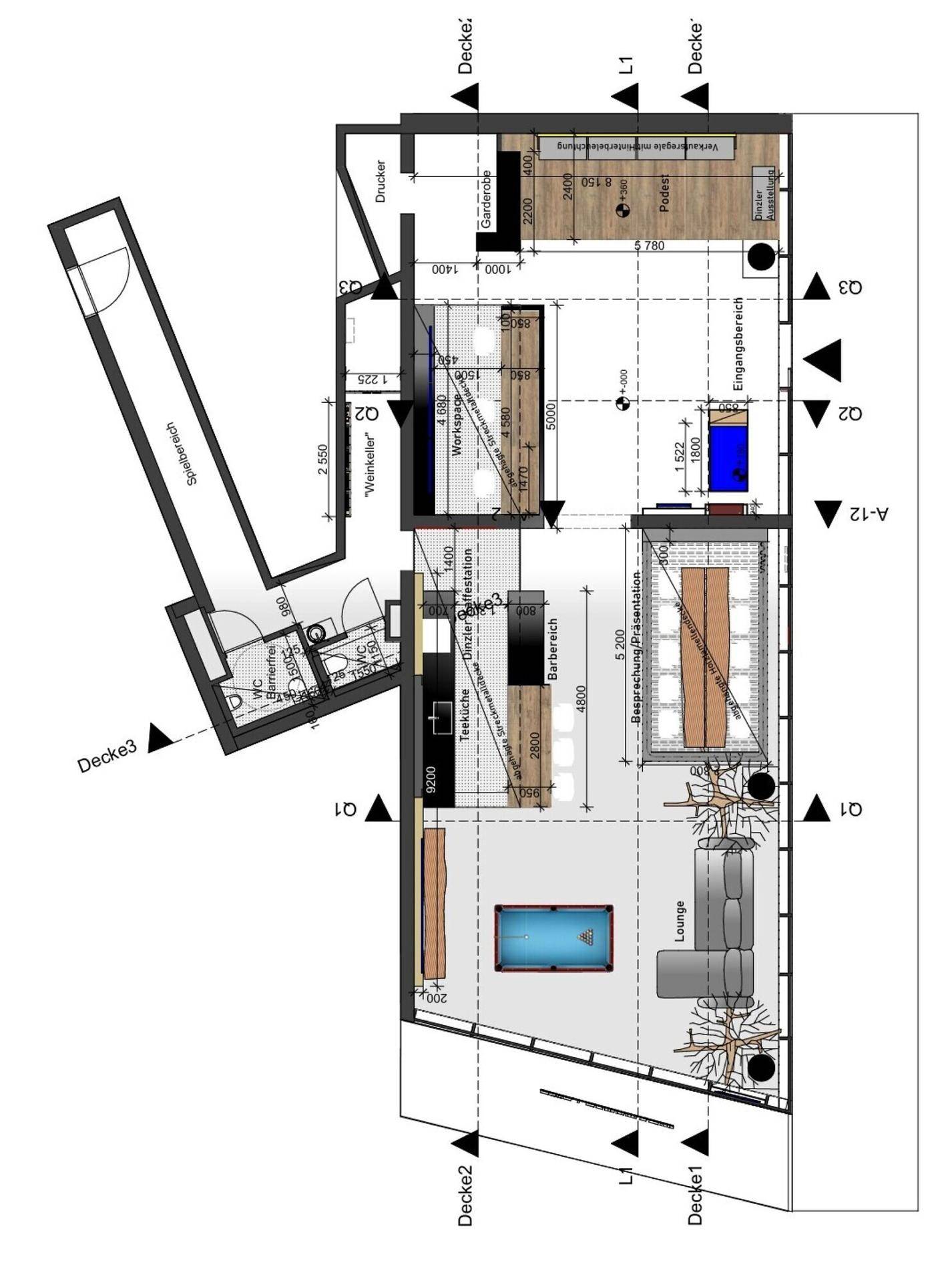 Detaillierter Grundrissplan mit Lounge, Billardtisch, Bar, Präsentationsbereich und Weinkeller.