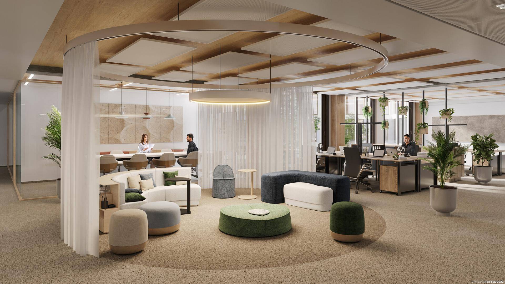 Moderner Lounge-Bereich in einem Büro mit bequemen Sitzgelegenheiten und runden Designelementen.