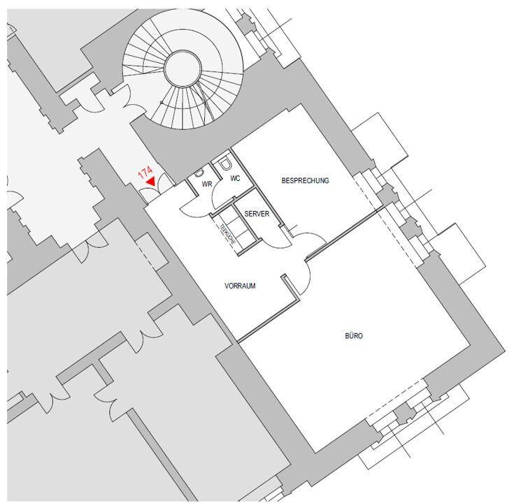 Grundriss zeigt Büroräume, einen Besprechungsraum, Serverraum und WC mit Wendeltreppe.