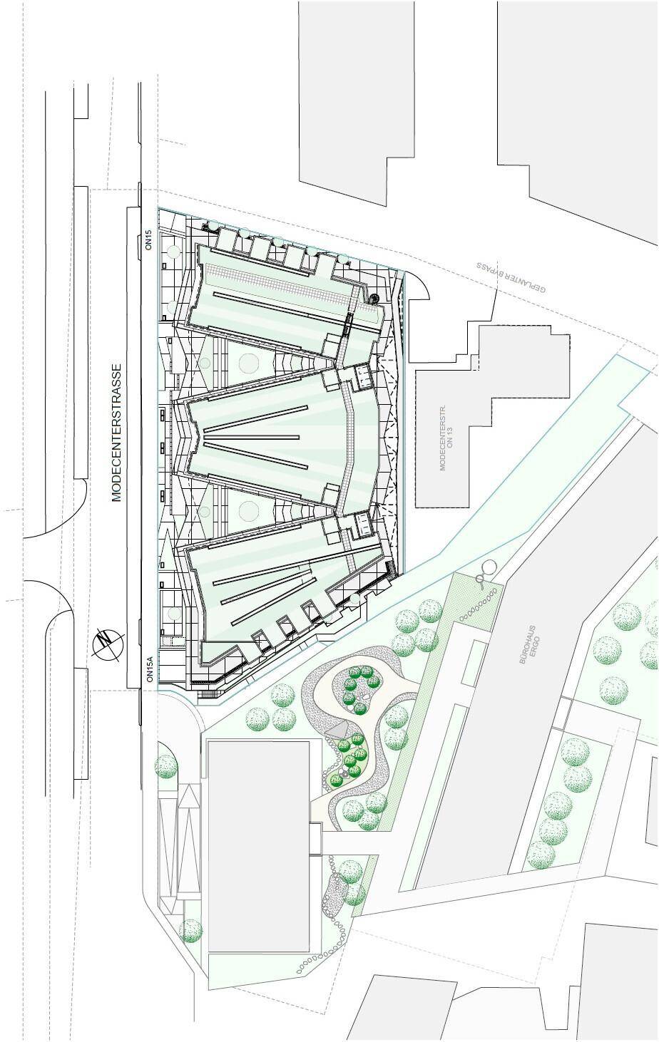 Lageplan des Gebäudekomplexes mit umliegenden Straßen, Grünflächen und der genauen Position des Gebäudes.