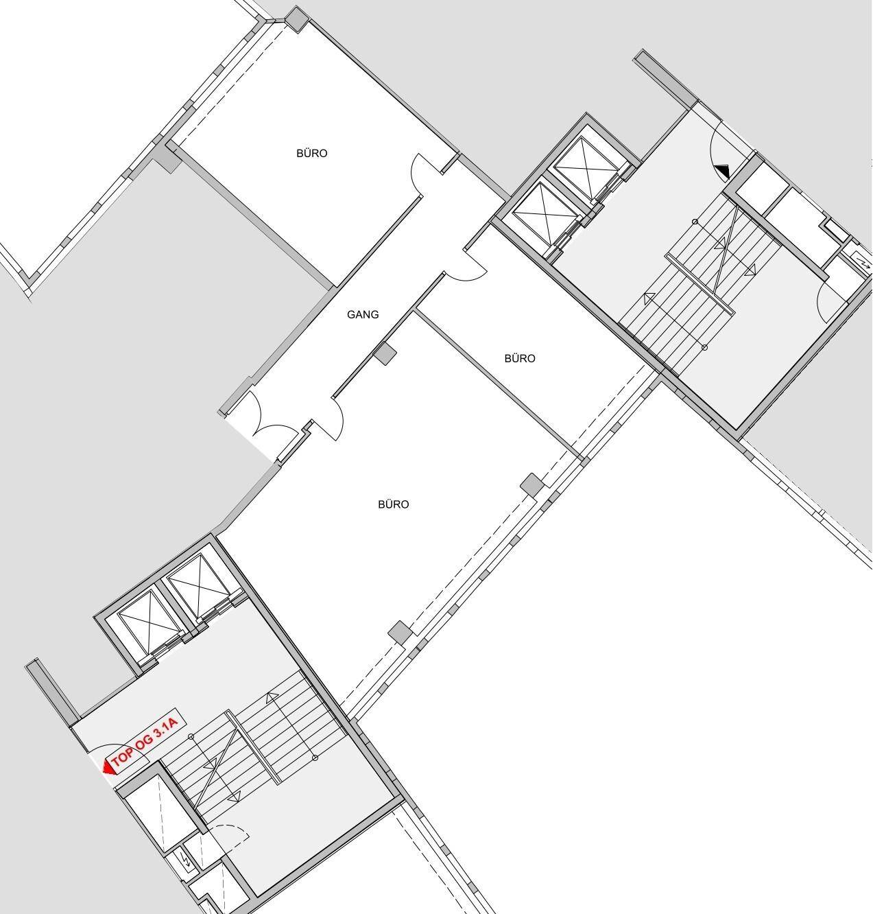 Grundrissplan zeigt die Aufteilung von Büroräumen und einem Gang auf einer Etage.