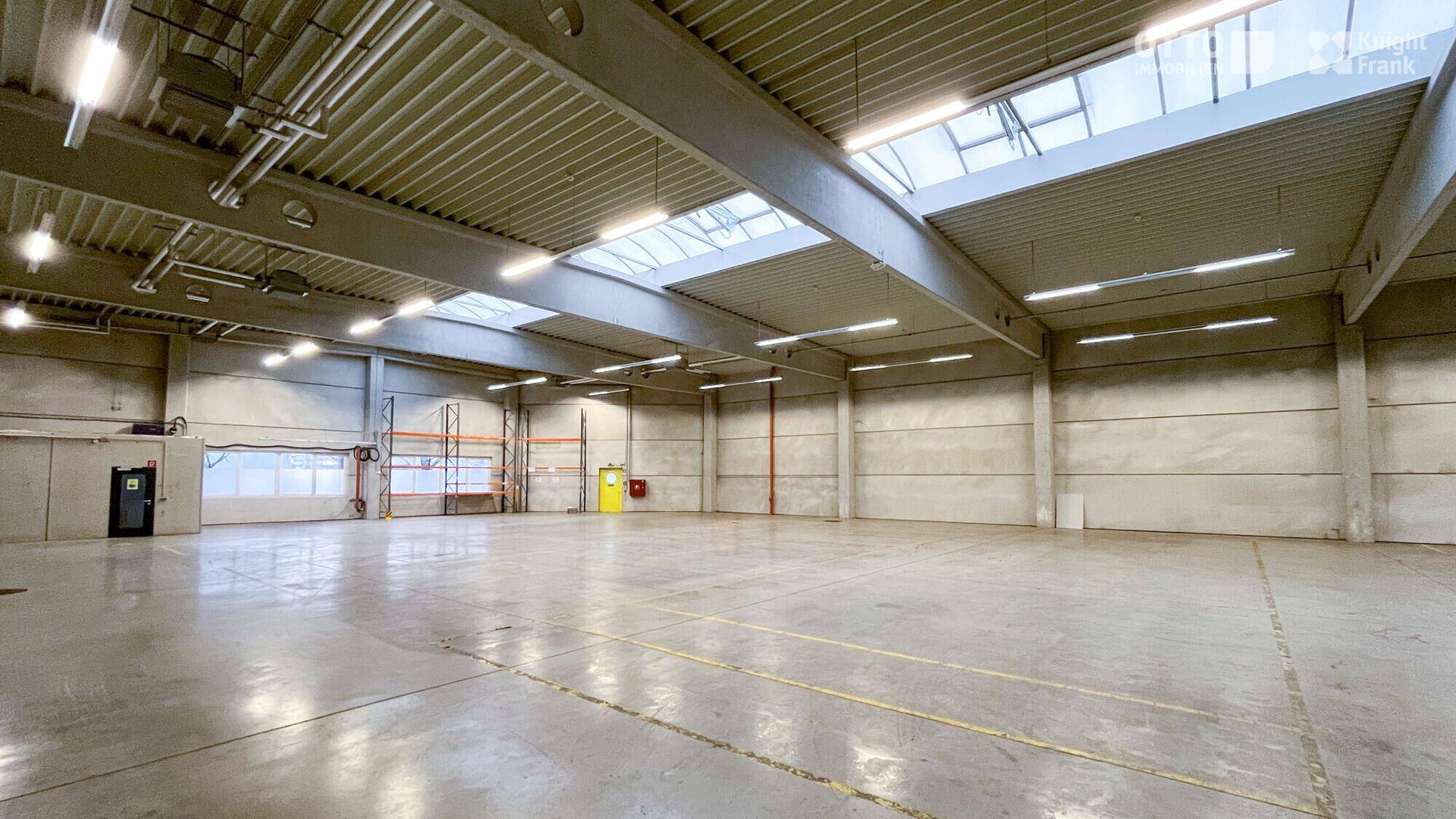 Weitläufige Lagerhalle mit Betonboden, Oberlichtern und industrieller Beleuchtung, bereit für die Nutzung.