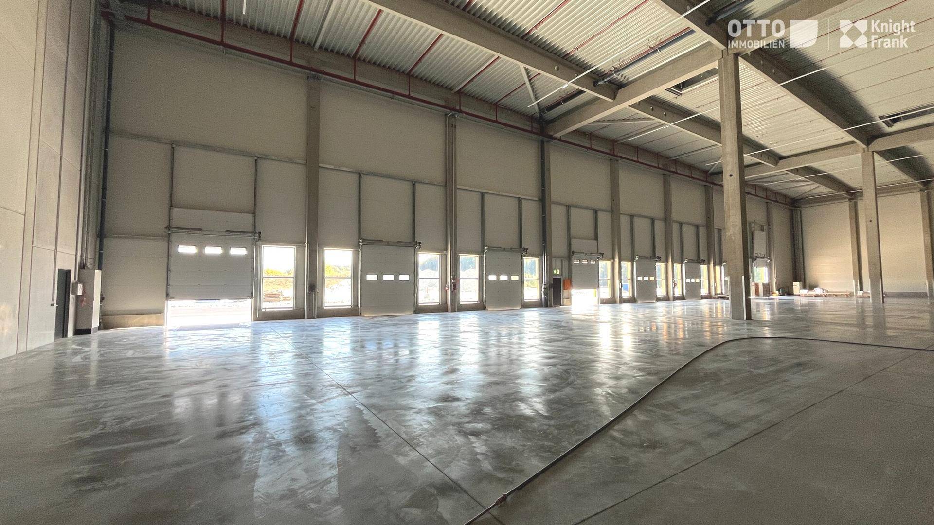 Geräumige Lagerhalle mit glänzendem Betonboden und zahlreichen Rolltoren für den Zugang.