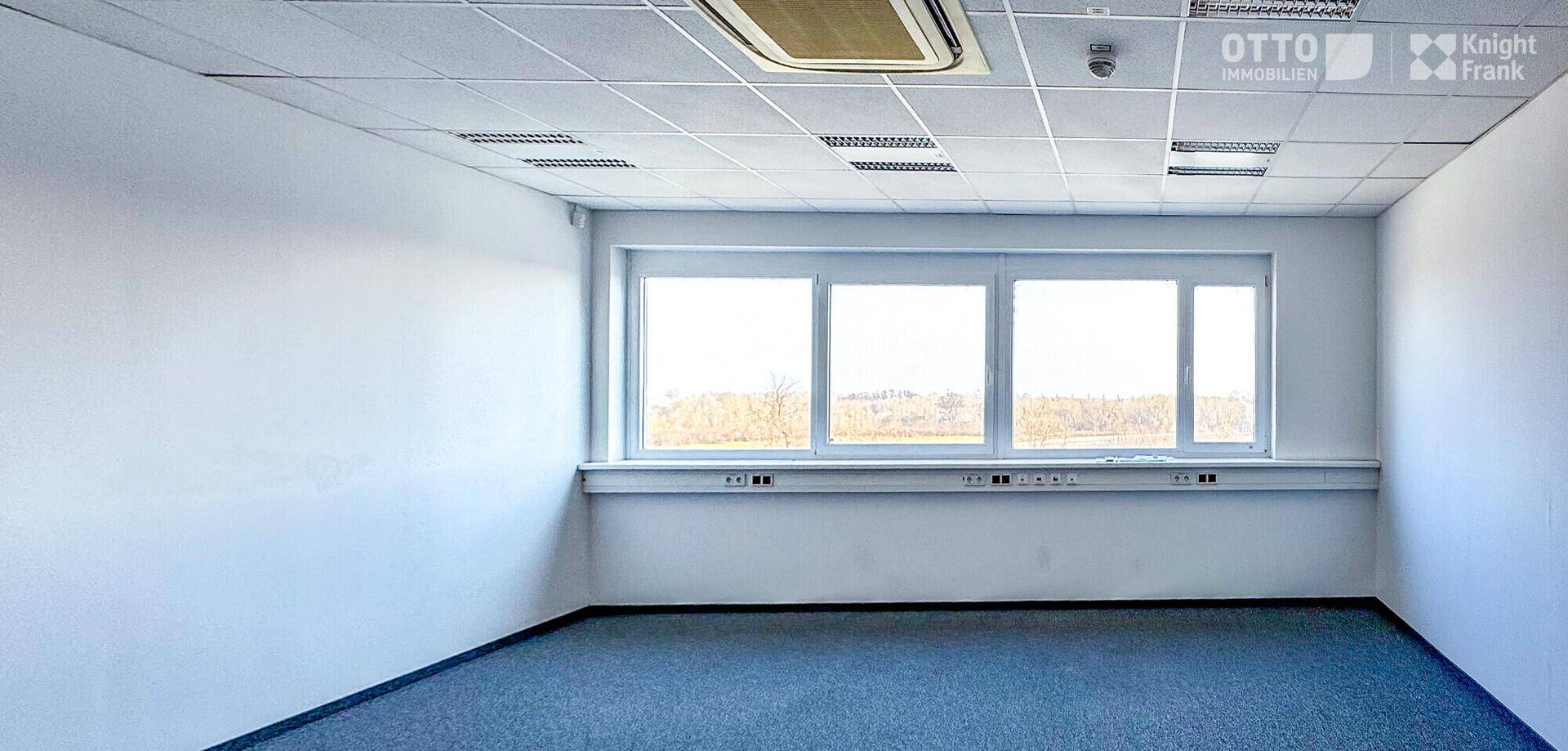 Helles, leeres Büro mit großen Fenstern, die viel Tageslicht hereinlassen, und einem Teppichboden.